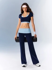 VARSIVA Women's Casual Comfortable Polka Dot Decor Waist Color Block Sports Long Pants - Navy Blue - View 6