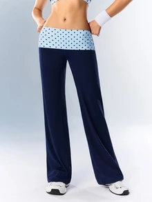 VARSIVA Women's Casual Comfortable Polka Dot Decor Waist Color Block Sports Long Pants - Navy Blue - View 7