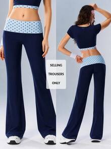 VARSIVA Women's Casual Comfortable Polka Dot Decor Waist Color Block Sports Long Pants - Navy Blue - View 2
