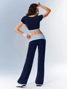 VARSIVA Women's Casual Comfortable Polka Dot Decor Waist Color Block Sports Long Pants - Navy Blue - View 5