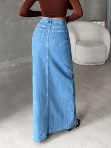 SHEIN Plus High Waist Regular Fit Casual Style Medium Blue Wash Button & Slit Front Long Denim Skirt - Medium Wash - View 2