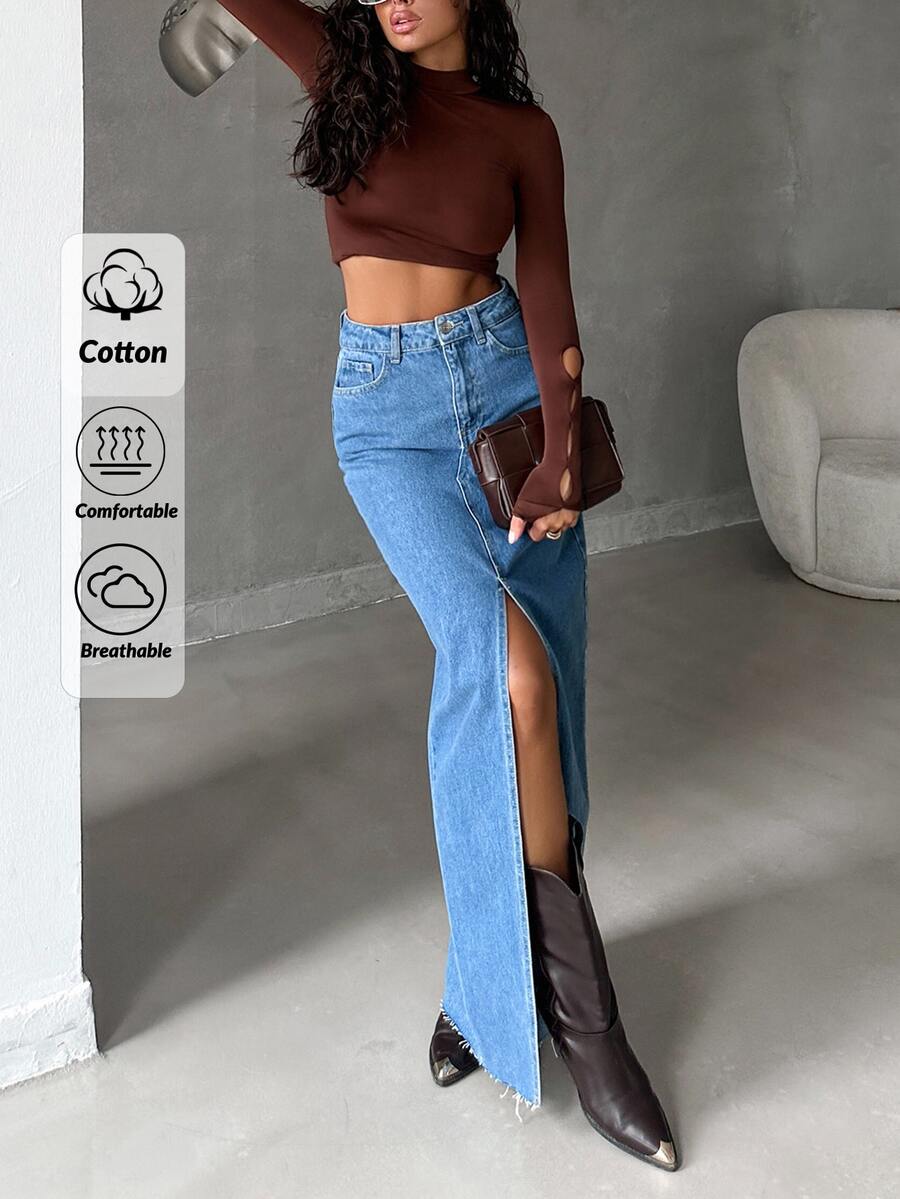 SHEIN Plus High Waist Regular Fit Casual Style Medium Blue Wash Button & Slit Front Long Denim Skirt - Medium Wash - View 1