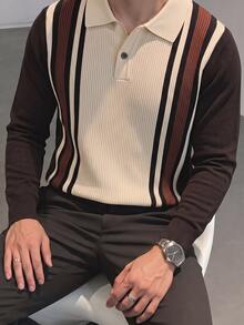 Manfinity Homme 男士 Polo 領復古直條紋羅紋長袖套頭毛衣，休閒羅紋春夏秋冬上衣，咖啡色撞色修身顯瘦上衣，復古通勤穿搭極簡套頭毛衣 - 彩色 - 查看 5