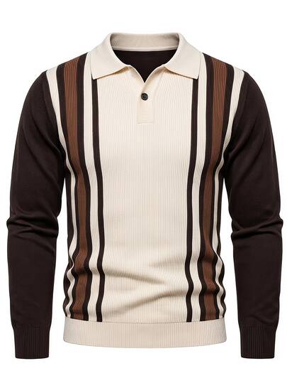 Manfinity Homme Pull homme à col polo vintage à côtes verticales, manches longues, Top décontracté côtelé pour printemps/automne/hiver, couleur café contrastée, coupe slim, tenue de trajet vintage minimaliste et amincissante