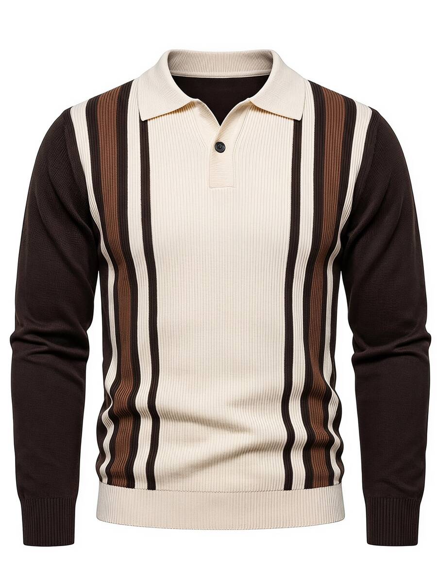 Manfinity Homme Sweater Pullover Lengan Panjang Bergaris Vertikal Vintage Kerah Polo Pria, Atasan Bergaris Kasual Musim Semi/Gugur/Dingin, Atasan Slim Fit Kontras Warna Kopi, Sweater Pullover Minimalis Vintage untuk Pakaian Kerja - MultiWarna - View 1