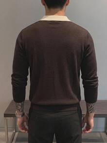 Manfinity Homme 男士 Polo 領復古直條紋羅紋長袖套頭毛衣，休閒羅紋春夏秋冬上衣，咖啡色撞色修身顯瘦上衣，復古通勤穿搭極簡套頭毛衣 - 彩色 - 查看 4