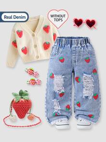 Baby Girls' Strawberry Print Wide Leg Jeans, Blue White Striped, Winter, Babygirl, Back-To-School Soft Beige Light Blue Denim Frayed Hem Pants - Light Wash - View 2