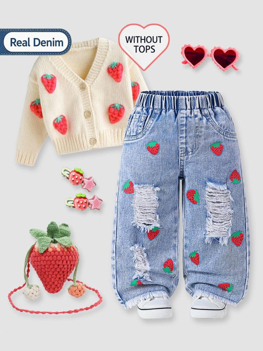 Baby Girls' Strawberry Print Wide Leg Jeans, Blue White Striped, Winter, Babygirl, Back-To-School Soft Beige Light Blue Denim Frayed Hem Pants