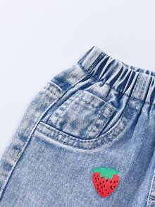 Baby Girls' Strawberry Print Wide Leg Jeans, Blue White Striped, Winter, Babygirl, Back-To-School Soft Beige Light Blue Denim Frayed Hem Pants - Light Wash - View 5