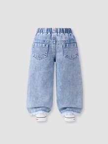 Baby Girls' Strawberry Print Wide Leg Jeans, Blue White Striped, Winter, Babygirl, Back-To-School Soft Beige Light Blue Denim Frayed Hem Pants - Light Wash - View 3