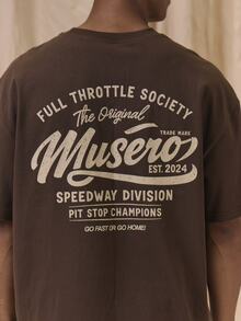 Musero 寬鬆版型背後印花「FULL THROTTLE SOCIETY」圓領T恤 秋冬必備街頭風 - 棕色 - 查看 2