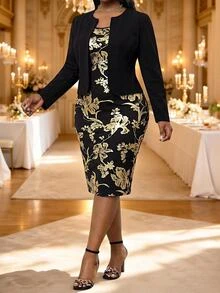 Fleurora Elegant Plus-Size Two Pieces Set: Long-Sleeved Jacket And Foil-Print Dress Fall/Winter Dresses Elegant Women's Set Wedding Guest Dress Black Dress - Multicolor - View 4