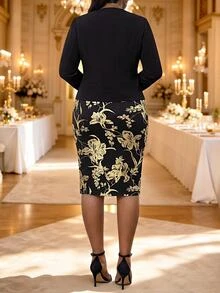 Fleurora Elegant Plus-Size Two Pieces Set: Long-Sleeved Jacket And Foil-Print Dress Fall/Winter Dresses Elegant Women's Set Wedding Guest Dress Black Dress - Multicolor - View 2