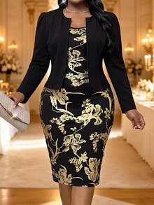 Fleurora Elegant Plus-Size Two Pieces Set: Long-Sleeved Jacket And Foil-Print Dress Fall/Winter Dresses Elegant Women's Set Wedding Guest Dress Black Dress - Multicolor - View 1