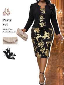 Fleurora Elegant Plus-Size Two Pieces Set: Long-Sleeved Jacket And Foil-Print Dress Fall/Winter Dresses Elegant Women's Set Wedding Guest Dress Black Dress - Multicolor - View 3
