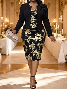 Fleurora Elegant Plus-Size Two Pieces Set: Long-Sleeved Jacket And Foil-Print Dress Fall/Winter Dresses Elegant Women's Set Wedding Guest Dress Black Dress - Multicolor - View 6