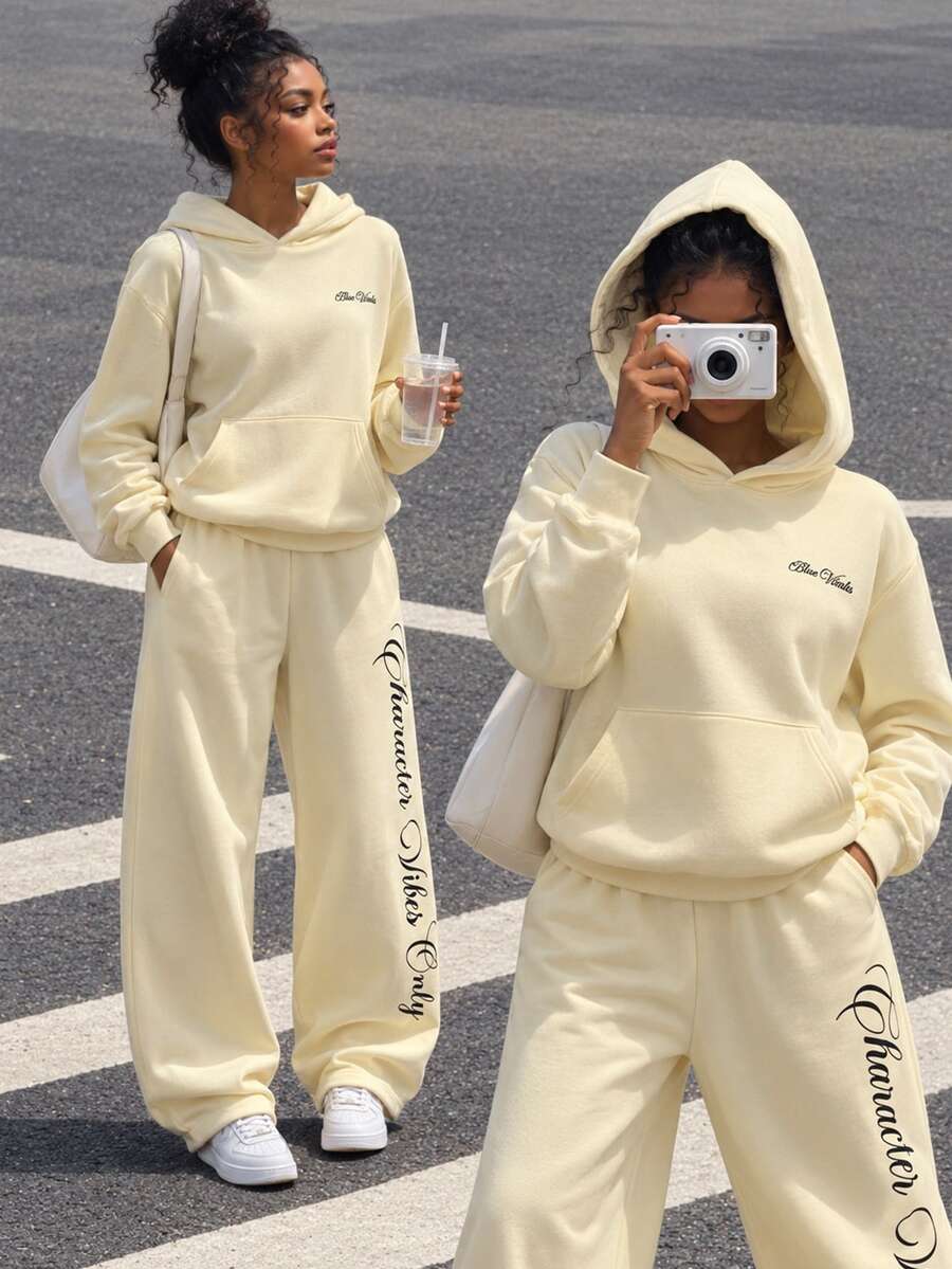 SHEIN طقم كاجوال مريح للمراهقات للخريف، هودي بأكمام طويلة مطبوع عليه حروف وبنطال رياضي، ملابس عطلات