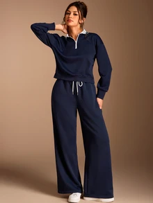 SHEIN BASICS Women's Casual Preppy Streetwear Athletic Sweatshirt Long Pants 2 Pieces Set, Autumn Lounge Navy Blue Everyday Traveling Going Out Night Out - Grey - View 7