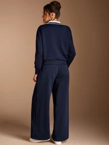 SHEIN BASICS Women's Casual Preppy Streetwear Athletic Sweatshirt Long Pants 2 Pieces Set, Autumn Lounge Navy Blue Everyday Traveling Going Out Night Out - Grey - View 11