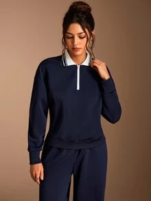 SHEIN BASICS Women's Casual Preppy Streetwear Athletic Sweatshirt Long Pants 2 Pieces Set, Autumn Lounge Navy Blue Everyday Traveling Going Out Night Out - Grey - View 8
