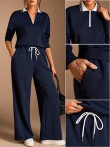 SHEIN BASICS Women's Casual Preppy Streetwear Athletic Sweatshirt Long Pants 2 Pieces Set, Autumn Lounge Navy Blue Everyday Traveling Going Out Night Out - Grey - View 3