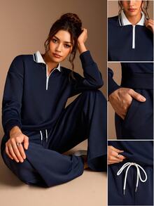 SHEIN BASICS Women's Casual Preppy Streetwear Athletic Sweatshirt Long Pants 2 Pieces Set, Autumn Lounge Navy Blue Everyday Traveling Going Out Night Out - Grey - View 2