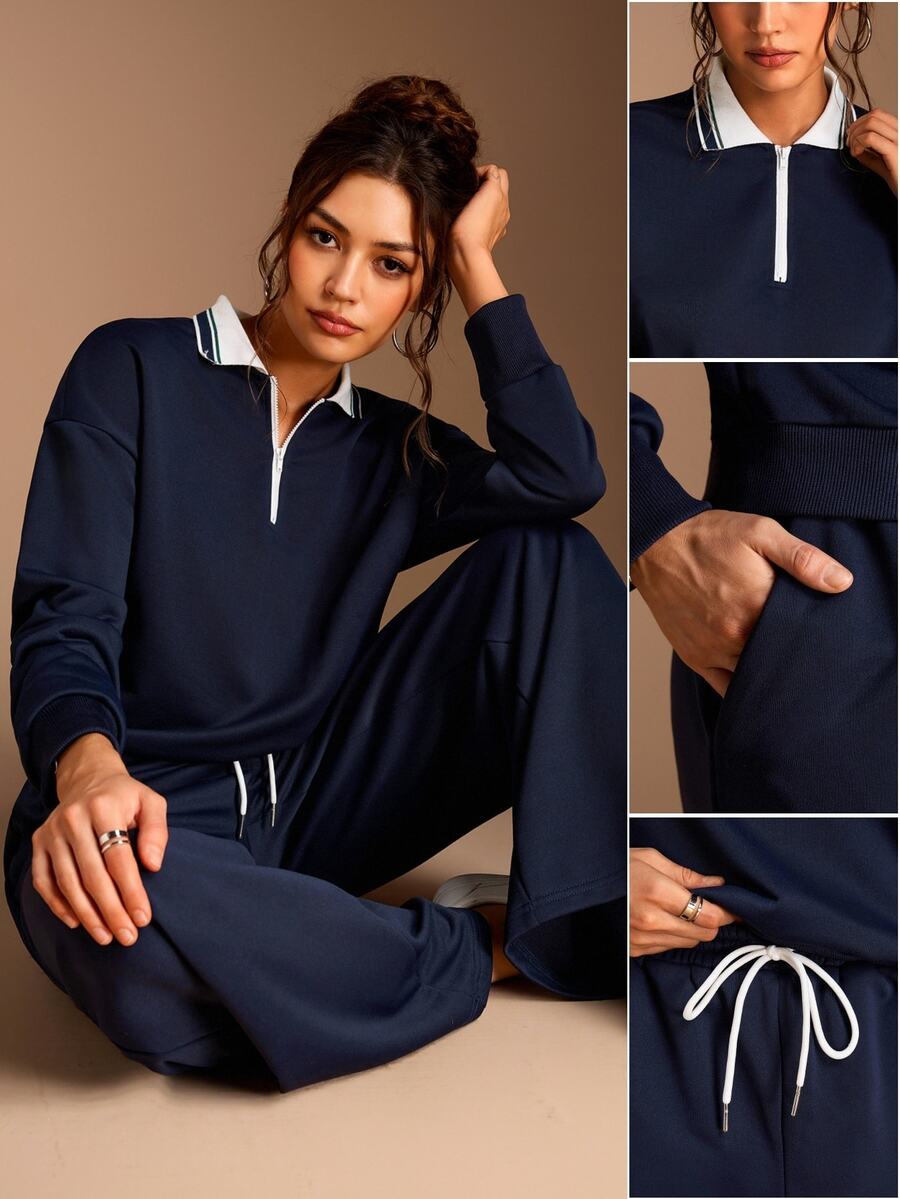 SHEIN BASICS Women's Casual Preppy Streetwear Athletic Sweatshirt Long Pants 2 Pieces Set, Autumn Lounge Navy Blue Everyday Traveling Going Out Night Out