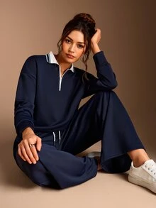 SHEIN BASICS Women's Casual Preppy Streetwear Athletic Sweatshirt Long Pants 2 Pieces Set, Autumn Lounge Navy Blue Everyday Traveling Going Out Night Out - Grey - View 4