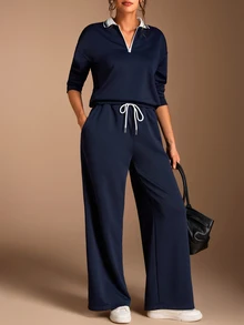 SHEIN BASICS Women's Casual Preppy Streetwear Athletic Sweatshirt Long Pants 2 Pieces Set, Autumn Lounge Navy Blue Everyday Traveling Going Out Night Out - Grey - View 5
