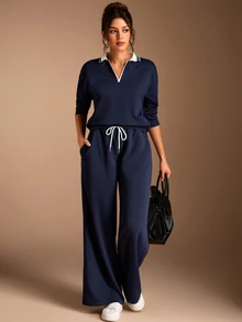 SHEIN BASICS Women's Casual Preppy Streetwear Athletic Sweatshirt Long Pants 2 Pieces Set, Autumn Lounge Navy Blue Everyday Traveling Going Out Night Out - Grey - View 6