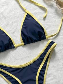 SHEIN Swim 女款夏季海灘拼接掛脖綁帶性感比基尼三角泳褲泳衣套裝 - 藏蓝色 - 查看 7