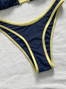 SHEIN Swim 女款夏季海灘拼接掛脖綁帶性感比基尼三角泳褲泳衣套裝 - 藏蓝色 - 查看 8