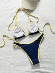 SHEIN Swim 女款夏季海灘拼接掛脖綁帶性感比基尼三角泳褲泳衣套裝 - 藏蓝色 - 查看 6