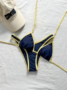 SHEIN Swim 女款夏季海灘拼接掛脖綁帶性感比基尼三角泳褲泳衣套裝 - 藏蓝色 - 查看 4