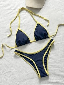 SHEIN Swim 女款夏季海灘拼接掛脖綁帶性感比基尼三角泳褲泳衣套裝 - 藏蓝色 - 查看 5