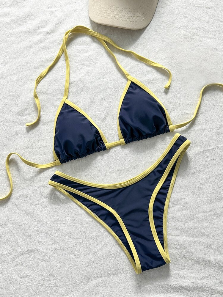 SHEIN Swim طقم ملابس سباحة نسائي صيفي للشاطئ بتصميم باتشورك مع ربطة عنق مثيرة وسروال مثلثي - أزرق بحري - مشاهدة 4