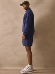 Musero Long Sleeve Quater Zip Style Top Co Ord Tracksuit Set Basic Shorts Autumn Winter Essentials - Navy Blue - View 3