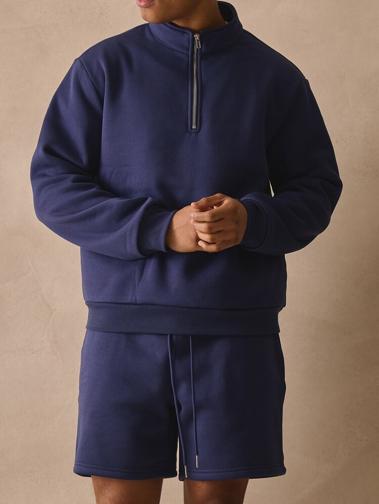 Musero Long Sleeve Quater Zip Style Top Co Ord Tracksuit Set Basic Shorts Autumn Winter Essentials - Navy Blue - View 2