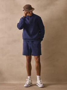 Musero Long Sleeve Quater Zip Style Top Co Ord Tracksuit Set Basic Shorts Autumn Winter Essentials - Navy Blue - View 5