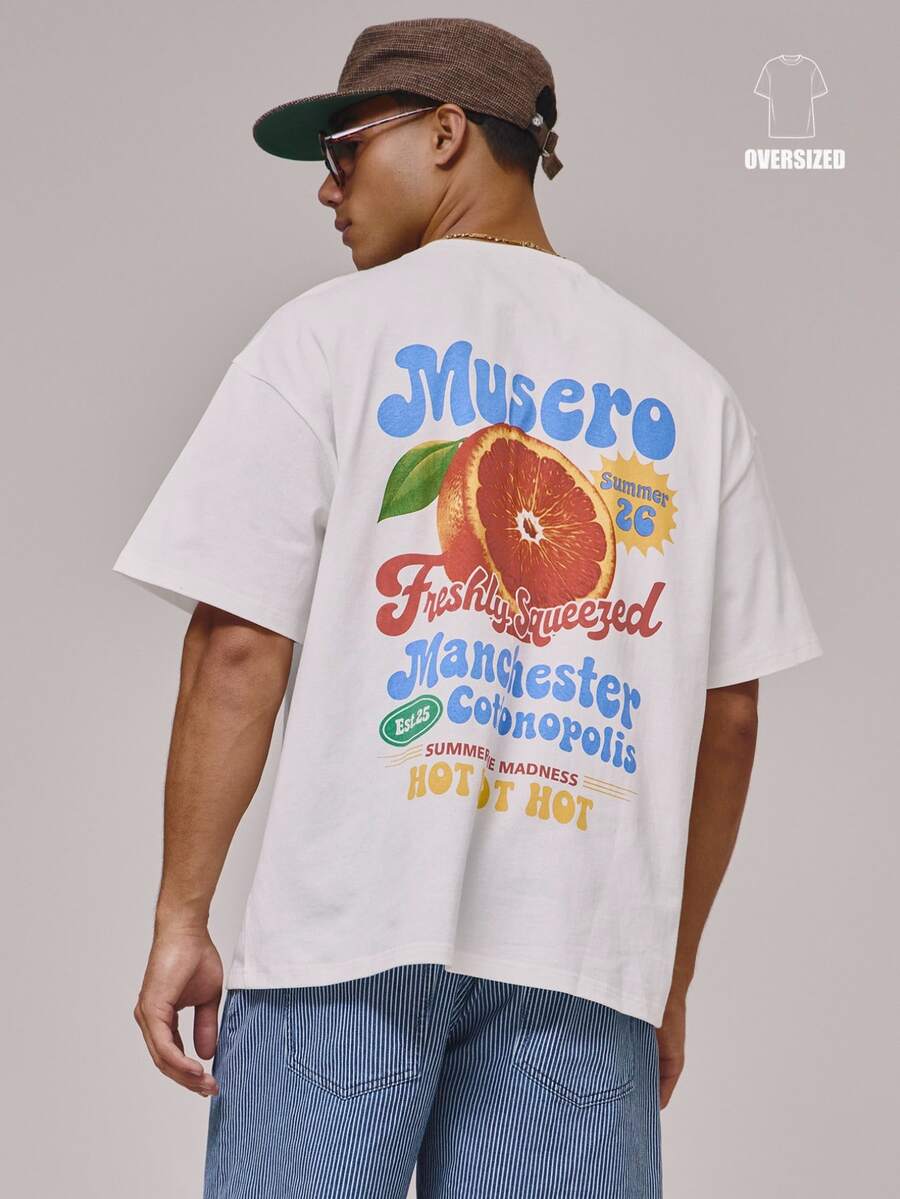 Musero Oversized Graphic Print Large Summery Orange Fruit Short Sleeve Crew Neck Tshirt Spring Summer Holiday Essentials - White - View 1