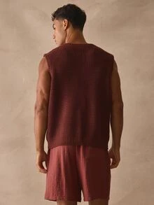 Musero Round Kneck Thick Rib Hem Sleevless Tank Top Knitted Vest Spring Summer Essentials - Coffee Brown - View 5