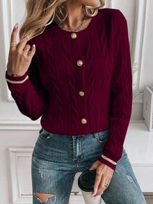 SHEIN 女士休闲拼色条纹开衫，秋冬 - 酒紅色 - 查看 5