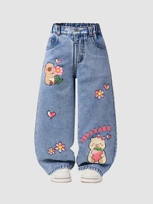 SHEIN Playful Pals 女童水豚卡通印花直筒牛仔褲 開學季 藍色水洗丹寧褲 高彈力腰頭 夏季牛仔女孩西式風格 - 中等水洗藍 - 查看 4