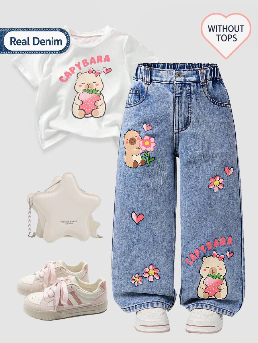 SHEIN Playful Pals 女童水豚卡通印花直筒牛仔褲 開學季 藍色水洗丹寧褲 高彈力腰頭 夏季牛仔女孩西式風格