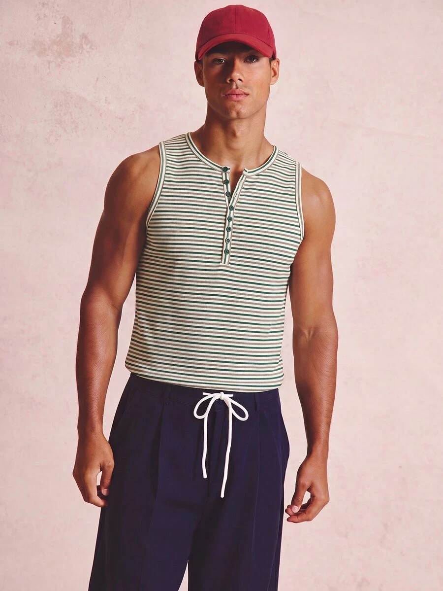 Musero Áo tank top Henley gân sọc cài nút trước, đồ cơ bản cho mùa xuân hè - màu xanh lá - Xem 1