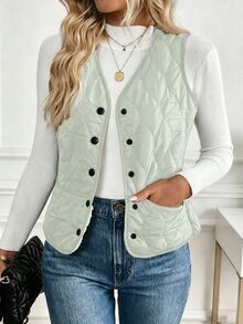 SHEIN LUNE 女款加厚保暖內裡背心外套，冬季款 - 綠色 - 查看 3