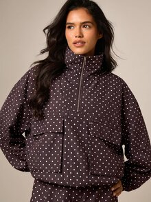 AiiRZ Polka Dot Funnel Neck Half Zip Utility Jacket With Balloon Sleeves And Cargo Chest Pockets - Chocolate Brown - View 4