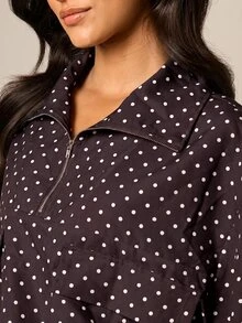 AiiRZ Polka Dot Funnel Neck Half Zip Utility Jacket With Balloon Sleeves And Cargo Chest Pockets - Chocolate Brown - View 6
