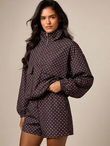 AiiRZ Polka Dot Funnel Neck Half Zip Utility Jacket With Balloon Sleeves And Cargo Chest Pockets - Chocolate Brown - View 5