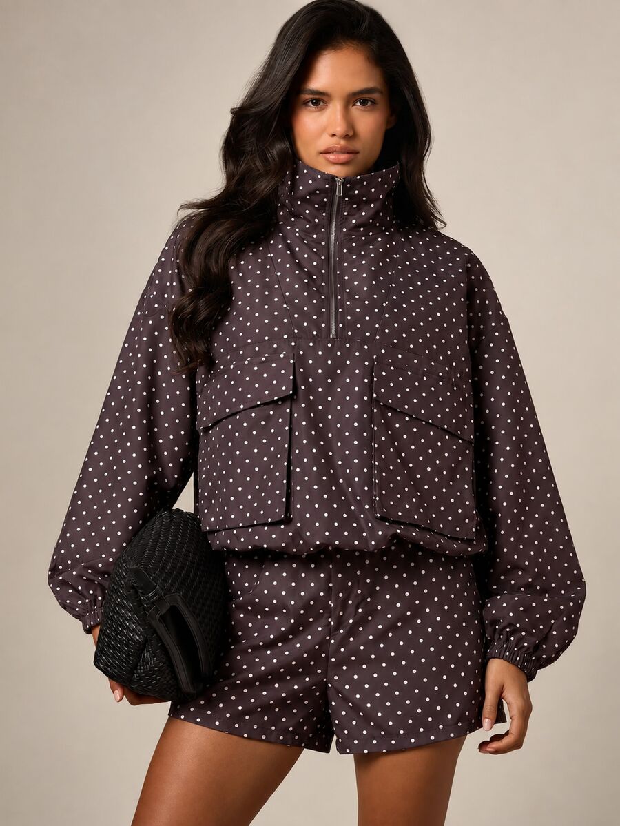 AiiRZ Polka Dot Funnel Neck Half Zip Utility Jacket With Balloon Sleeves And Cargo Chest Pockets - Chocolate Brown - View 1